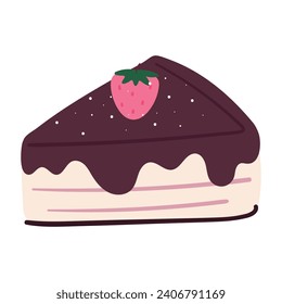 hand drawing cartoon cute cake slice with strawberry and toppings. cute dessert doodle