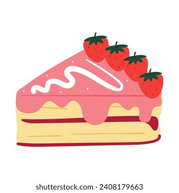 hand drawing cartoon cute cake slice with strawberry and toppings. cute dessert doodle