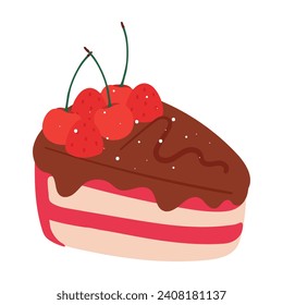 dibujo a mano dibujos animados lindo rebanado de pastel con fresa y adornos. doodle de postre lindo