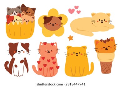 dibujo a mano dibujos animados conjunto de pegatinas de gato lindo