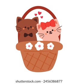 hand drawing cartoon cute cat inside a basket. cute valentine sticker with animal doodle