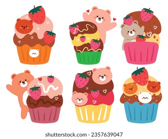 hand drawing cartoon cute dessert and cartoon bear sticker set. cute food and animal sticker, decor element. cute colorful dessert illustration sticker