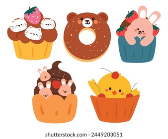 dibujo a mano de dibujos animados lindo postre y dibujos animados animal sticker set. comida linda y animal sticker, elemento de decoración. lindo colorido postre ilustración pegatina