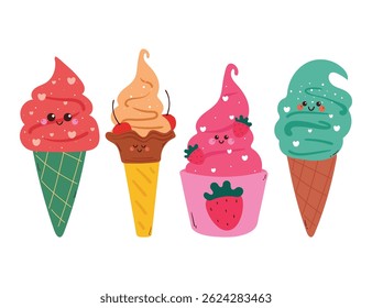 hand drawing cartoon cute ice cream sticker set. cute food and dessert drawing and sticker, doodle set