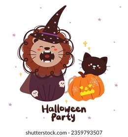 hand drawing cartoon cute lion and cat with halloween element. cute halloween card and wallpaper, background, decor element