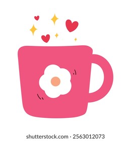 hand drawing cartoon cute pink cup with flower print. cute drink drawing and sticker, doodle