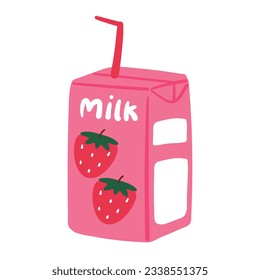 hand drawing cartoon cute strawberry milk in pink box. cute beverage design for sticker, icon svg