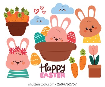 hand drawing cartoon easter sticker set. cute sticker for easter vibes, doodle set