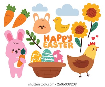 hand drawing cartoon easter sticker set. cute sticker with bunny, chicken and egg drawing for easter vibes, doodle set