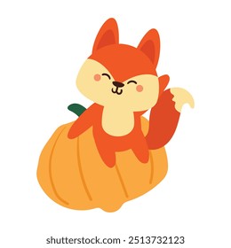 Dibujo a mano de dibujos animados de zorro con calabaza. lindo dibujo de animales, doodle para vibraciones de otoño