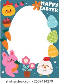 hand drawing cartoon frame with bunny, chicken and easter eggs. cute frame with easter theme