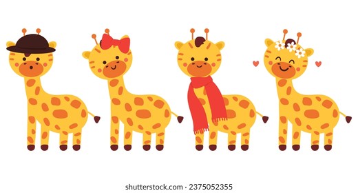 hand drawing cartoon giraffe. cute animal sticker with accessories like scarf and ribbon. cute animal sticker set