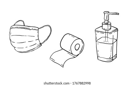 hand drawing cartoon graphic illustrator of face mask, tissue, hand sanitizer good for illustrating a new normal condition after pandemic virus. 