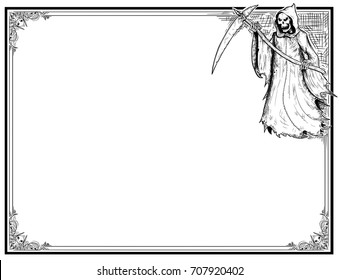 Hand drawing cartoon Halloween frame with grim reaper in hood with scythe.