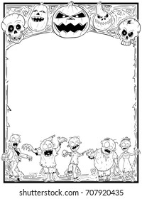 Hand drawing cartoon Halloween frame with cute zombie,skull and pumpkin illustrations.