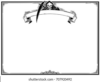 Hand drawing cartoon Halloween frame with grim reaper in hood with scythe.