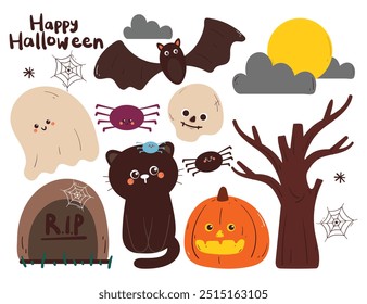hand drawing cartoon halloween sticker set. cute sticker for halloween vibes, doodle set