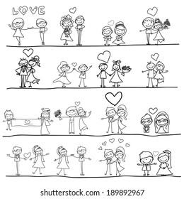 hand drawing cartoon happy couple wedding