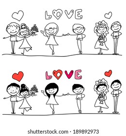 hand drawing cartoon happy couple wedding