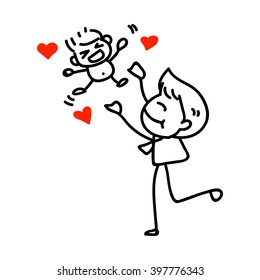 hand drawing cartoon happy dad playing with baby father day vector illustration