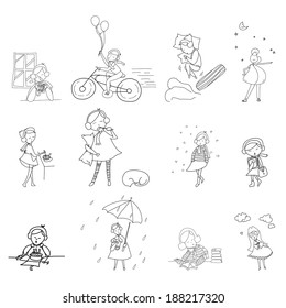 hand drawing cartoon happy girls