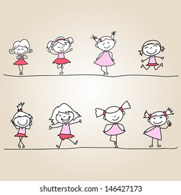 hand drawing cartoon happy kids playing