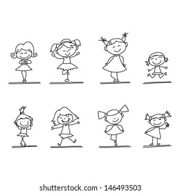 hand drawing cartoon happy kids playing