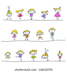 hand drawing cartoon happy kids playing