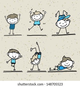 hand drawing cartoon happy kids playing 