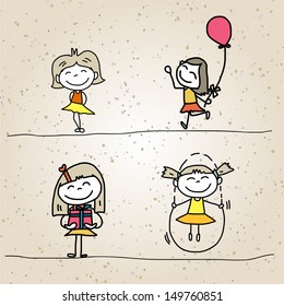 hand drawing cartoon happy kids playing 