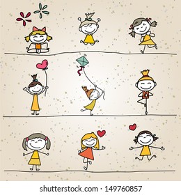 hand drawing cartoon happy kids playing 