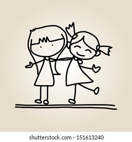 hand drawing cartoon happy kids playing 