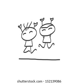 hand drawing cartoon happy kids playing