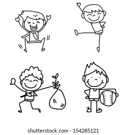 hand drawing cartoon happy kids playing 