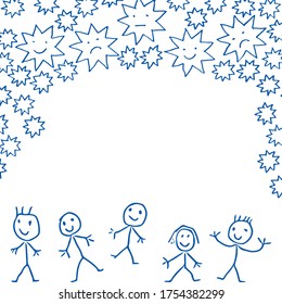 Hand drawing cartoon happy kids with star frame, suitable for kid background