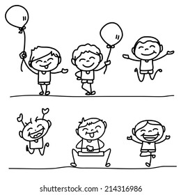 hand drawing cartoon happy kids 