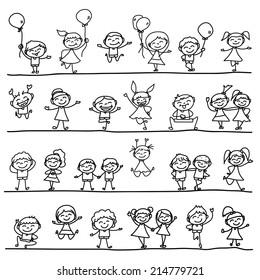 hand drawing cartoon happy kids 