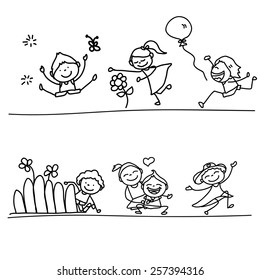 hand drawing cartoon happy kids illustration