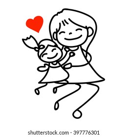 Hand Drawing Cartoon Happy Mom And Daughter Mother Day Vector Illustration