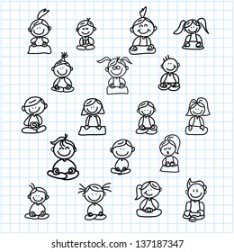 hand drawing cartoon happy people meditation on graph paper illustration