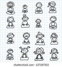 hand drawing cartoon happy people meditation on graph paper illustration