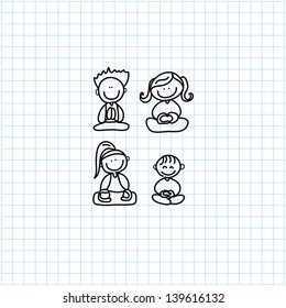 hand drawing cartoon happy people meditation on graph paper illustration