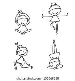 hand drawing cartoon happy people yoga