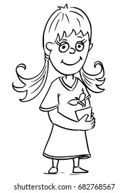 Hand drawing cartoon illustration of small girl gardener holding flower pot flowerpot with plant.