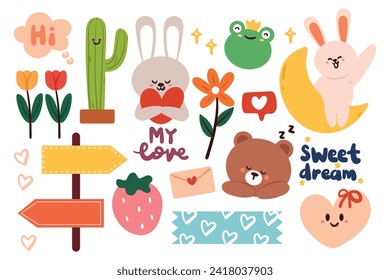 hand drawing cartoon kawaii sticker collection. cute sticker set. cute doodle sticker