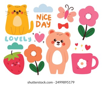 hand drawing cartoon kawaii sticker set. cute sticker, doodle set with animal and plant