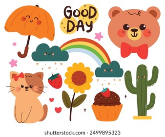 Dibujo a mano de dibujos animados Kawaii sticker set. linda pegatina, doodle conjunto con animales y plantas