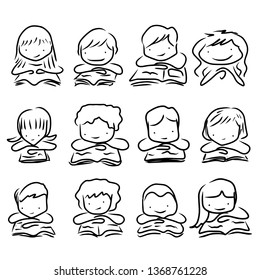 hand drawing cartoon kids reading books 