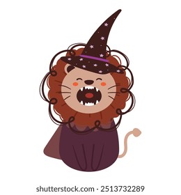 hand drawing cartoon lion with witch costume. cute animal drawing, doodle for halloween