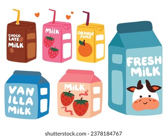 hand drawing cartoon milk and juice. drink carton sticker set